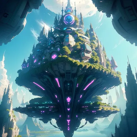 Sinister futuristic floating island suspended in the air, cities, fantasy, (villain hideout), (kawaii), cute, cute, anime style, technological, dark, funny, magical plant growth, extreme details, realistic light, blue sky, epic composition, (complex detail...