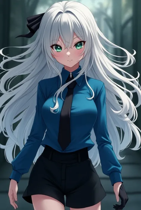  Create an image of a 16-year-old girl with long white hair, green eyes with black sweatshirt shorts , a blue blouse and a black blouse over the blue one and black gloves , With traits from the anime Hunter x Hunter 
