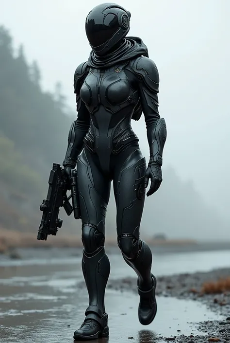 Create a futuristic stealth suit for a female  operative of an organisation inspired by valkyries make the suit have a tinted visor that covers their eyes make the suit have no skin exposed make the suit have accent colours make the image full body