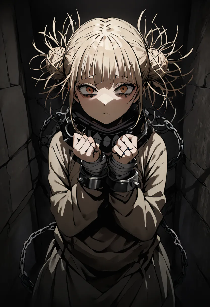 himiko toga from my hero akademia handcuffed with her hands folded in front (detained) with the cuffs wrapped around their wrist...