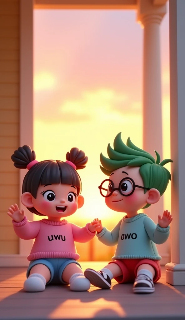 A cute and adorable with her hair into two buns on top and bangs, wearing a pink sweater with "uwu" printed on the front, blue shorts, short socks, and white sneakers. The style is 3D animation with a pastel color palette, creating a soft and cheerful atmo...