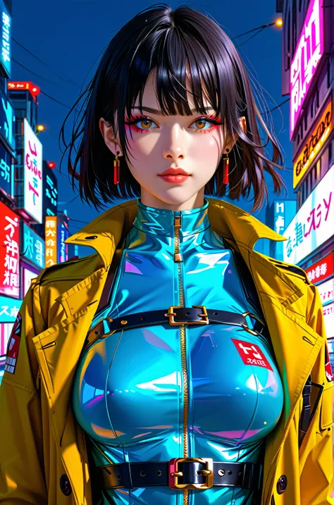 The image is a digital illustration of a young woman standing in a futuristic city. She is wearing a red and blue outfit with a black belt and a trench coat. The outfit is tight-fitting and appears to be made of a shiny, metallic material. The woman has sh...