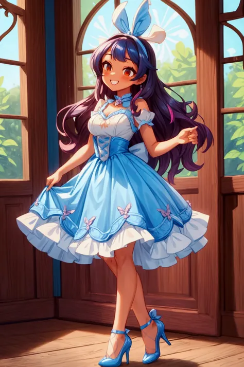 (Masterpiece, best quality) 1 girl, standing indoors with intricate details and sunlight, blue and white frilled dress with short neckline, cinderella high heel shoes,magenta long hair, orange eyes, blue ribbon in hair, brown skin, sexy smile, confidense a...