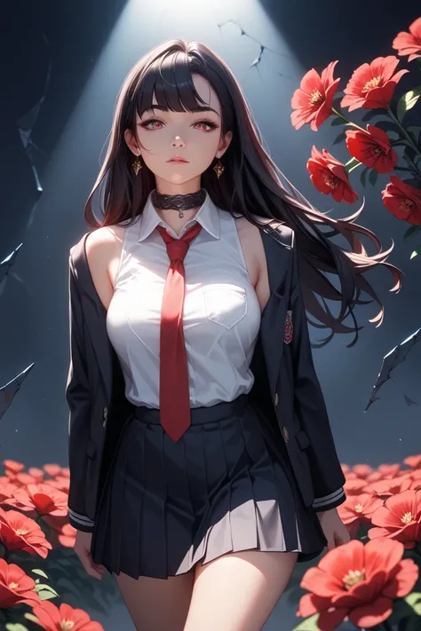 ((black hair, long hair, straight hair, hair down to the bottom)), red eyes, ((school uniform, white sleeveless shirt, red tie, black skirt, black jacket, jacket with bronze edging on the collar, jacket hanging on her arms)), Lorraine Archibalt, woman, fac...