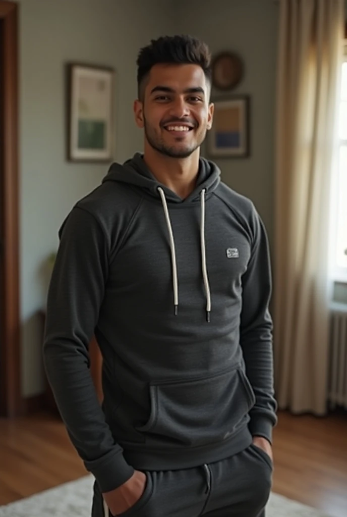 Create the image of a 28-year-old Latin boy, athletic body, slightly light brown skin, no hair or facial hair, height 180 centimeters, dressed in a hooded sports outfit, body, standing in the living room of the room.
