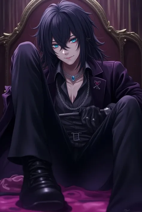 A sexy young male, black long hair, teal blue eyes. Gothic clothes. (Male) (no facial or body hair)) masterpiece, best quality, ultra-detailed, best shadow), (detailed background) (purple and black) pretty handsome. Sexy Cute. No facial hair. No body hair....