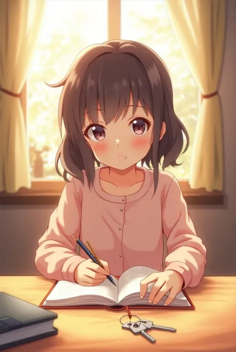 an anime girl her diary should be on a lower table and her key should be lower  make happy  eye down  lower  front view 