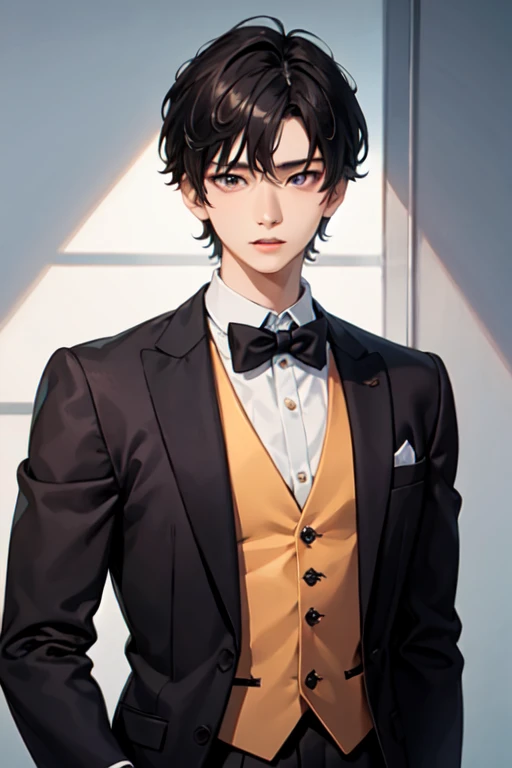 ((Best Quality)), ((masterpiece)), ( Details), Korean,Male idols,Only the upper body is visible ,A man with no mask on , dark haired man,Strong perm , short hair, short hair,Man with split black hair wearing a light blue suit ,Bow tie