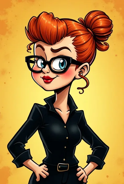 Comic mom with orange bun glasses and black clothes 