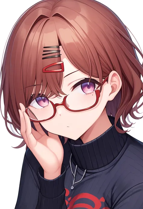 score_9, score_8_up, score_7_up, source_anime BREAK pinup of 1girl, cg, higuchi madoka, short hair, brown hair, hairpin, purple eyes, red-framed eyewear, adjusting eyewear, black sweater, long sleeves, collared shirt, arm under breasts, upper body, looking...