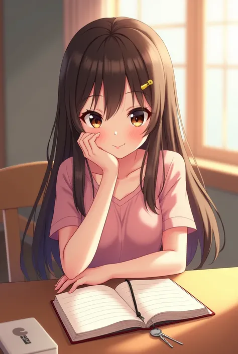 an anime girl her diary should be on a lower table and her key should be lower  make happy  eye down  lower  front view eyes on the table 