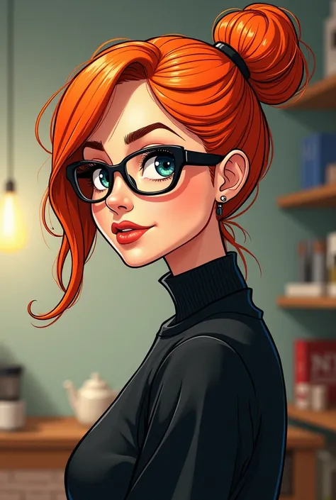 Comic mom with orange bun glasses and black clothes glasses your and a little stronger the figure 