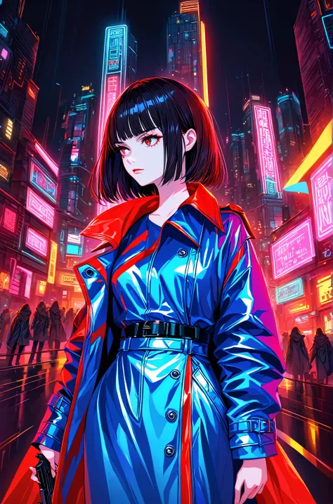 The image is a digital illustration of a young woman standing in a futuristic city. She is wearing a red and blue outfit with a black belt and a trench coat. The outfit is tight-fitting and appears to be made of a shiny, metallic material. The woman has sh...