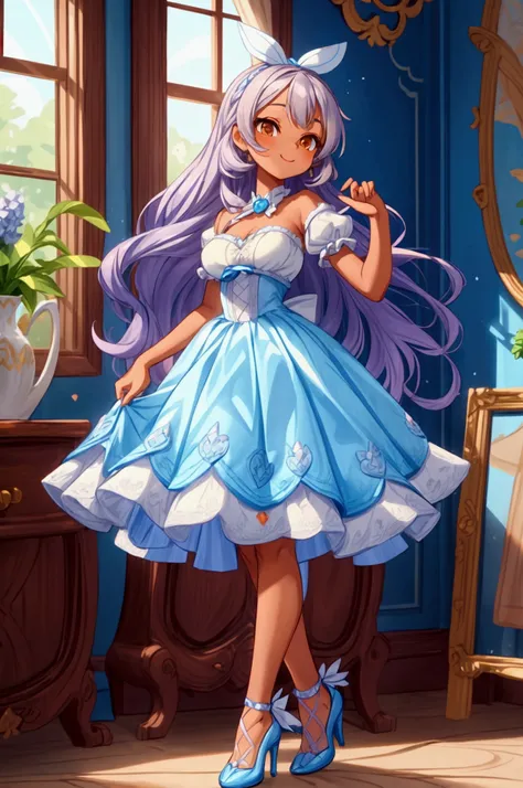 (Masterpiece, best quality) 1 girl, standing indoors with intricate details and sunlight, blue and white frilled dress with short neckline, cinderella high heel shoes, lilac long hair, orange eyes, blue ribbon in hair, brown skin, sexy smile, confidense at...