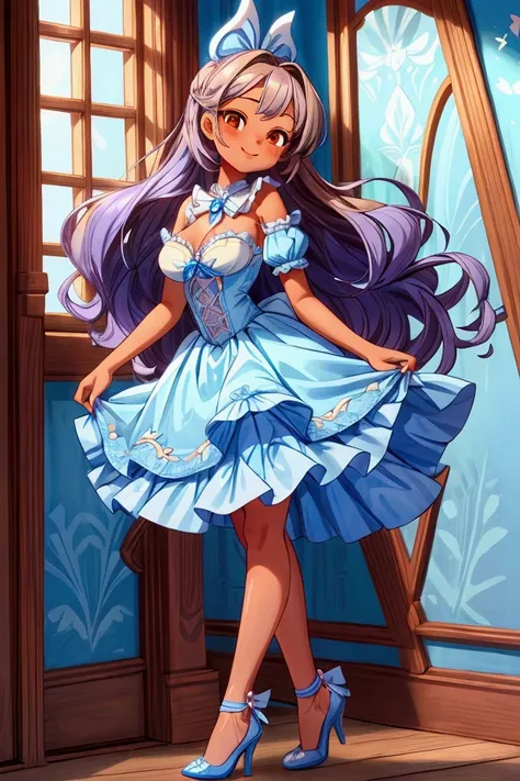 (Masterpiece, best quality) 1 girl, standing indoors with intricate details and sunlight, blue and white frilled dress with short neckline, cinderella high heel shoes, lilac long hair, orange eyes, blue ribbon in hair, brown skin, sexy smile, confidense at...