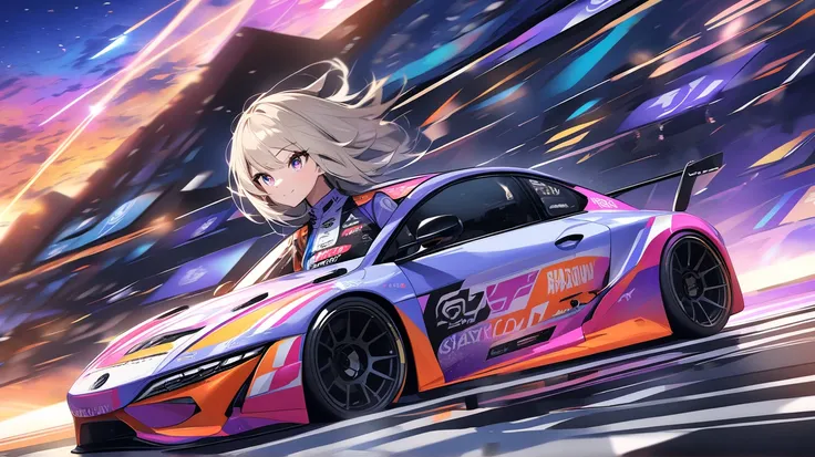 A vibrant, high-energy scene of a young Japanese woman with platinum blonde bob hair, standing confidently beside a sleek sports car on an open road under a wide, colorful sunset sky. She is dressed in a stylish, modern racing outfit with eye-catching logo...