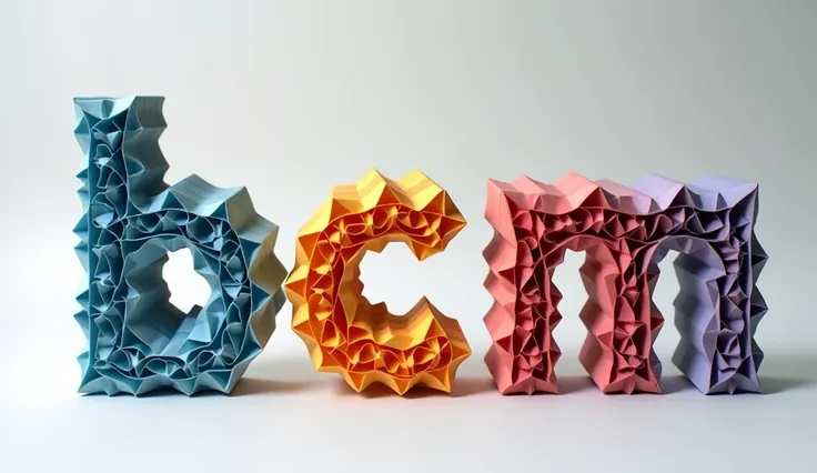 An  photorealistic illustration of a highly detailed, intricate, charmful, and graceful origami sculpture of the full-length multicolored text "BCM. The text is made of multiple layers of folded paper, with each letter having a distinct shape and structure...