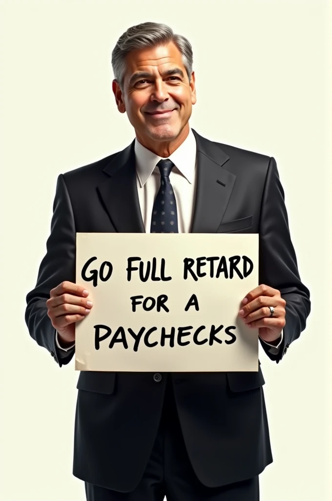 George Clooney holding sign that reads, People pay me to go full Retard