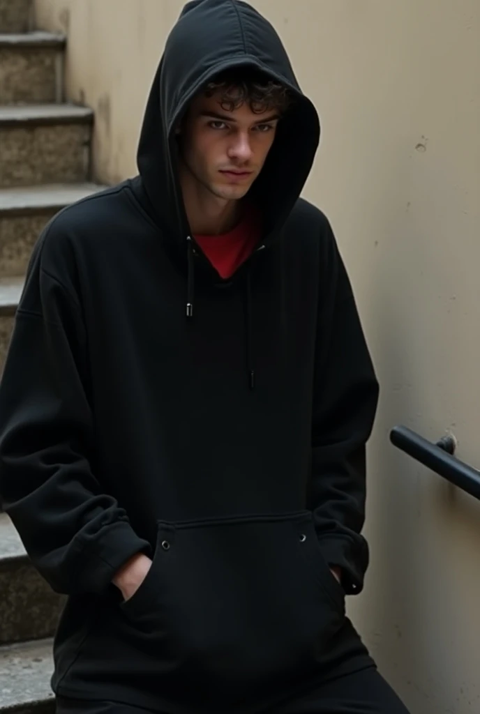  a European 25 year old young man, Fit Great Wide Shoulder Perfect Body, wearing a black long sleeve loose hooded T,The inner layer of the garment is red , with a large pocket with a hole left and right under the dress,hat ts hat naturally backwards ,See t...