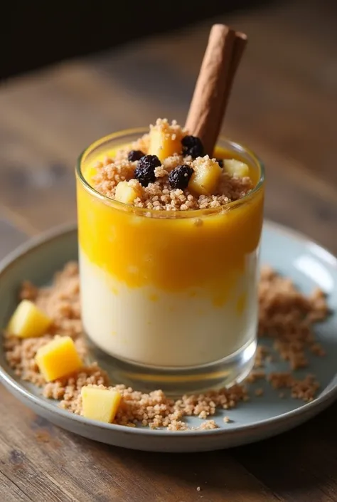 Now give me the image of a dessert that is a quinoa and fruit dungeon that has :  white quinoa as ingredients
Naranja
Blonde sugar
Cinnamon stick 
Clove 
Mango 
Golden pineapple
Delicia apple
Black raisins
Cornstarch 
Grated coconut 
Cinnamon powder