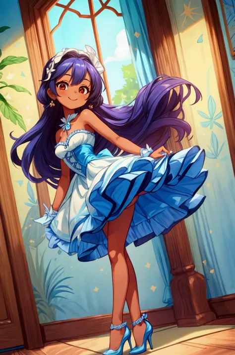 (Masterpiece, best quality) 1 girl, standing indoors with intricate details and sunlight, blue and white frilled dress with short neckline, cinderella high heel shoes, purple long hair, orange eyes, blue ribbon in hair, brown skin, sexy smile, confidense a...