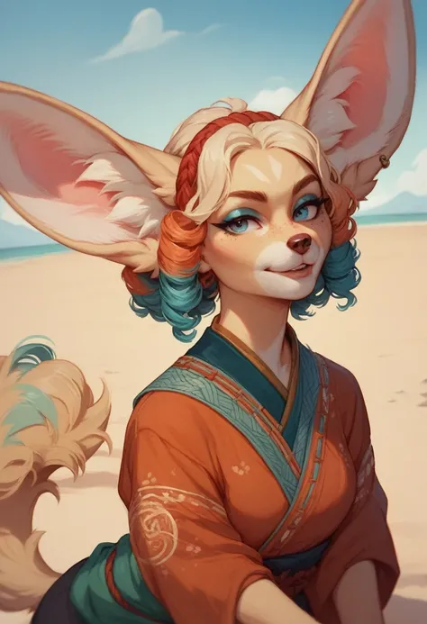 , a fennec girl with big ears and a sand-colored tail, with long curly blond sand-colored hair , with freckles all over her body ,  in traditional Indian clothes 