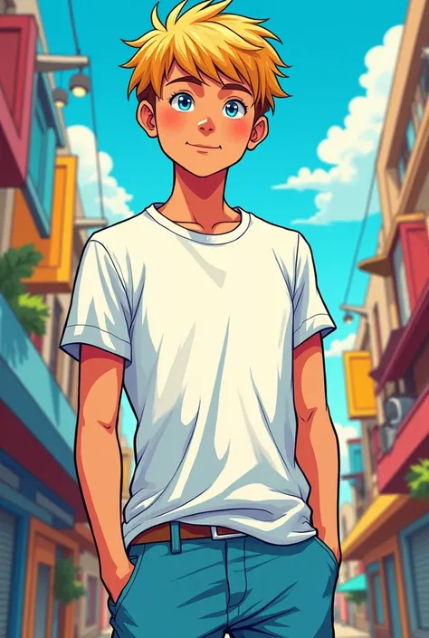 Son 14 as a comic with blond hair and blue eyes white t-shirt and light blue pants 
