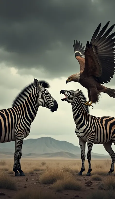 Create a dramatic scene featuring a zebra and an eagle facing each other, both displaying intense, angry expressions as if ready to battle. The zebra stands with ears pinned back, muscles tensed, and eyes glaring with determination, while the eagle perches...