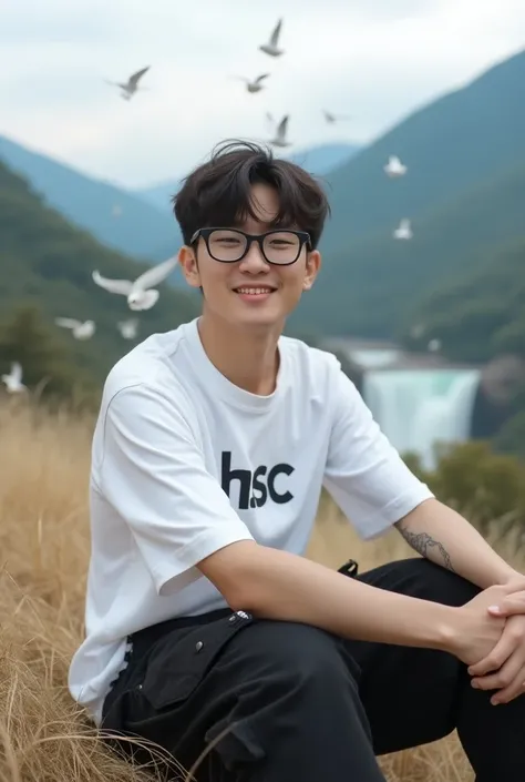 professional photography,a young Korean man. 20 years old, trendy hair, happy, bright smile, black glasses, wearing a white t-shirt with the "HSC" logo, has a tattoo on his arm, black cargo jeans, sneakers sitting on dry grass, with a beautiful mountain an...