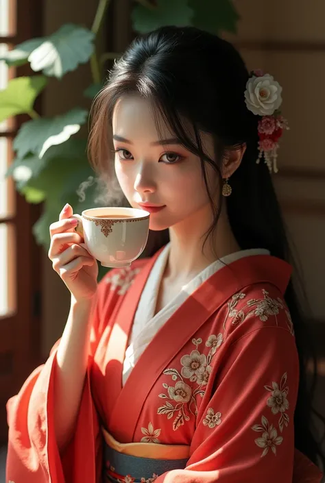 Beautiful Asian brunette girl in kimono drinks coffee 