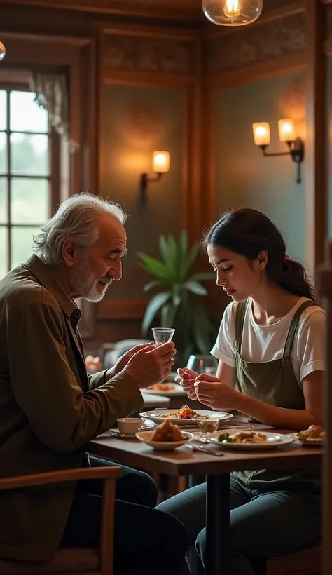 An elderly millionaire man poses as a ‘Beggar’ to tests a poor waitress by asking for a bread, in cozy restaurant