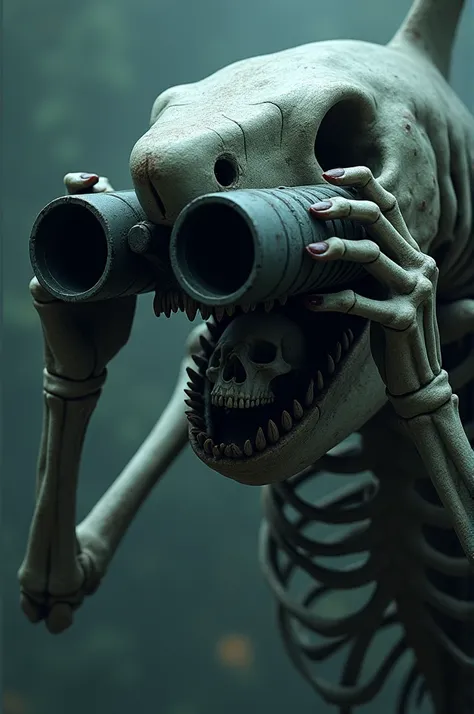  A sailors skull peeks out in the mouth of a shark skeleton, who looks through binoculars 