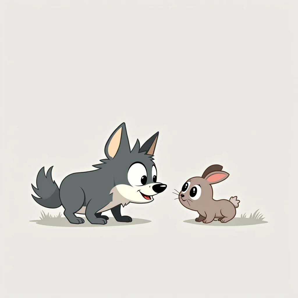 Cartoon wolf background with rabbit. Light gray background