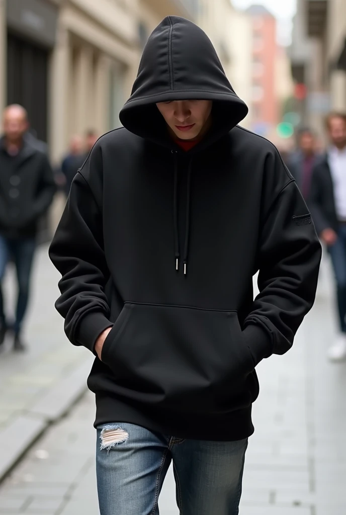  a European 25 year old young man, Fit Great Wide Shoulder Perfect Body, wearing a black long sleeve loose hooded T,The inner layer of the garment is red , with a large pocket with a hole left and right under the dress,hat ts hat naturally backwards ,See t...