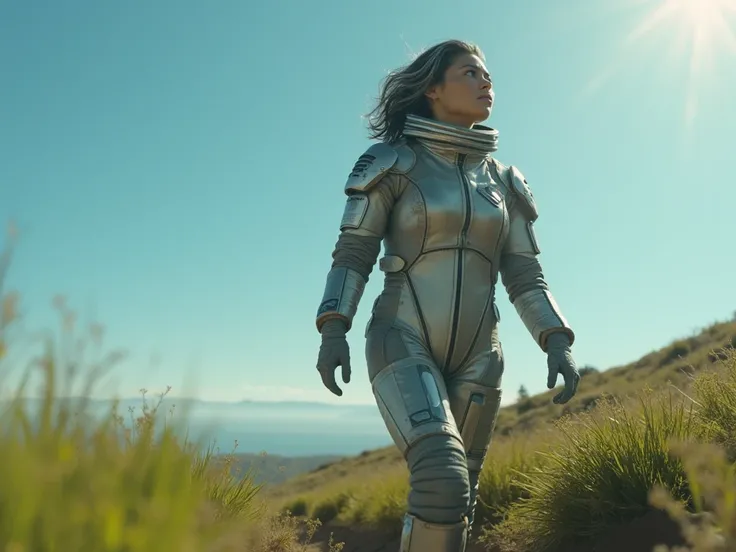 Cinematic shot of Emma’s spacecraft landing gently on Earth, with Emma stepping out onto familiar yet surreal soil. The main subject is Emma, taking her first steps onto Earth, pausing as she looks up at the clear blue sky and breathes in the fresh air. Em...