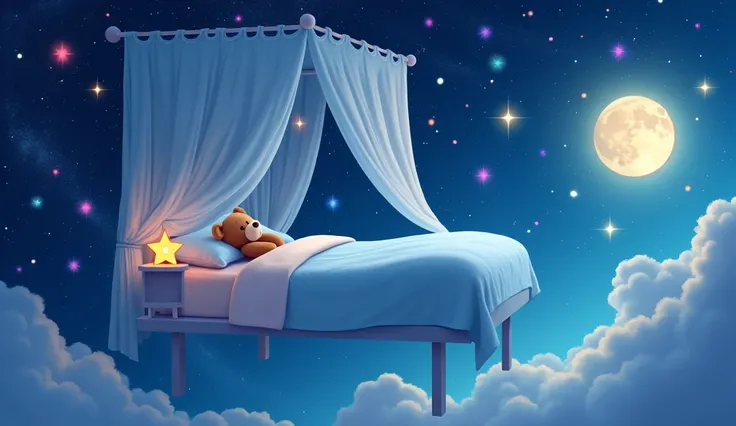 ((Best Quality)), ((masterpiece)), (  Details),  starry sky 、Stars Shining、 a canopy bed floating in space、 lots of stars shining all around 、The bed is light blue 、I can see the moon、The stars in the background shine colorfully 、Rainbow、 a stuffed bear on...