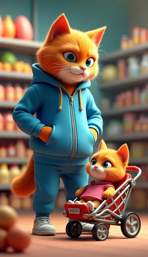 In cinematic 3D style,HD imag,realistic image, colourful image.
Character,Orange big cat wearing blue track suit. 
Character, Orange baby cat wearing pink frock.
Action,In a grocery store, the big cat is standing and looking at the baby cat; the baby cat i...