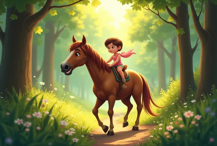 A baby girl and a horse are riding in the forest