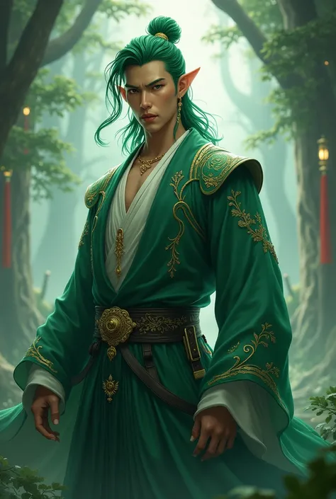 hegemonic Asian man with green hair and elf ears 