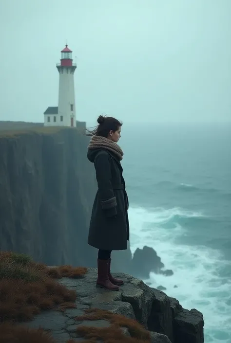 Girl standing at cliff starting at a big lighthouse wearing a coat and scarf and boots