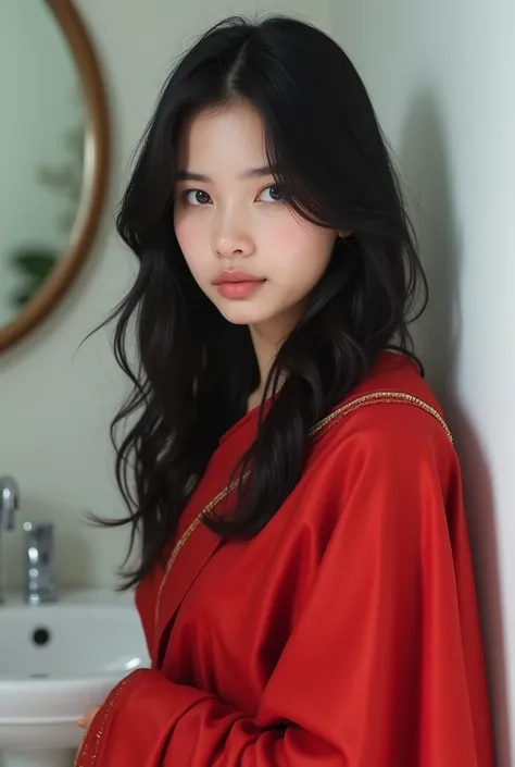 A beautiful girl  , black hair,  pink lips,  white sink , wearing red kutta and looking real