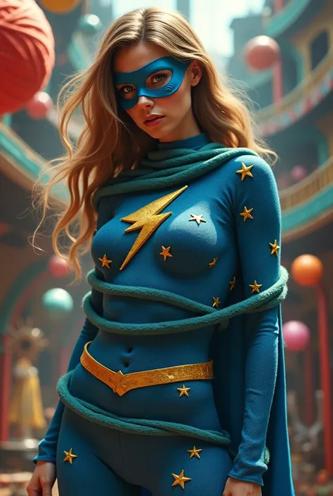 Superheroine with light brown hair wearing skintight blue body stocking her nipples protruding with gold stars on her outfit and a gold lighting bolt her chest and wearing a blue mask and a small cape. She’s very weak and helpless in a funhouse. A giant ba...