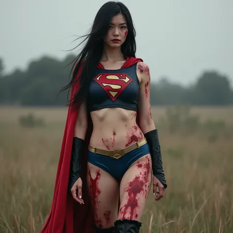 On the battlefield、Body covered in wounds、Blood is coming out of her leg 、Adult Japanese woman、 Black Long Hair 、 Supergirl Cosplay 、Wearing shorts、I have a thigh injury、 is wearing black long boots、Belly button showing、