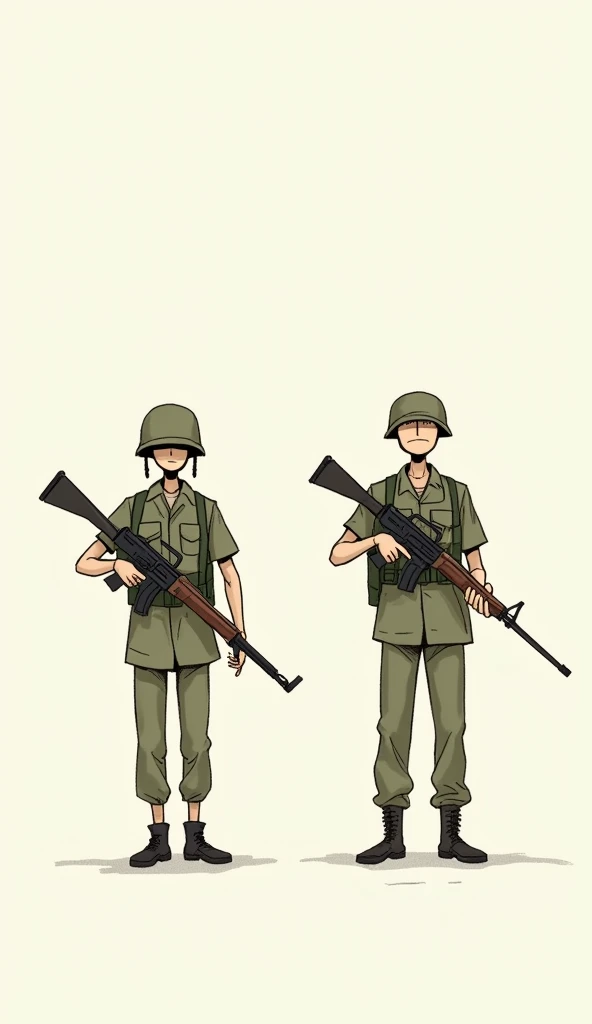 Create Two Stick Man Soldiers Hand Made Drawaing Characters Standing Straight Holding Guns, Drawing background 