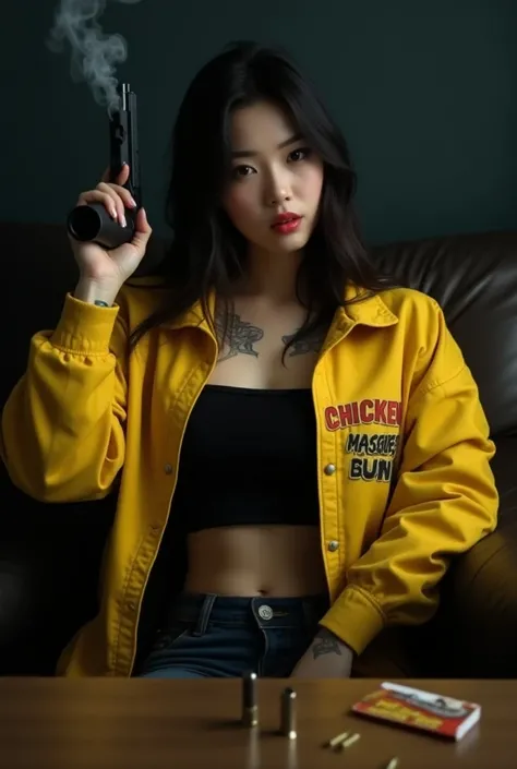 Realistic hot gangster korean woman and fierce face and had a minimal tattoo wearing a black crop top  and yellow jacket with CHICKEN name on it while holding a gun with smoke and sitting on a couch with dark background front view and table in front with c...