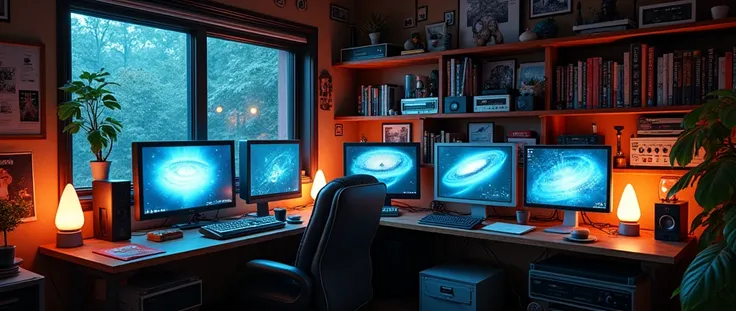 A cozy basement nerd cave room with multiple computer monitors, flanked by bookshelves filled with various items, a workspace, a few house plants, very cluttered, a bit messy but not dirty. The warm lighting illuminates the room, creating an inviting atmos...