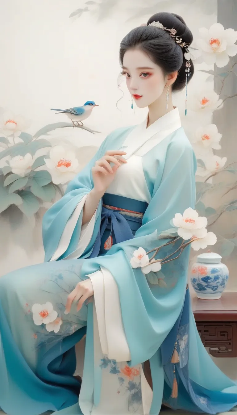 liucixin，（中国春秋时期的美女西施正在riverside浣纱：0.19），（whole body），（blue and white clothes），xizi，long hair，she has a slim and graceful figure...