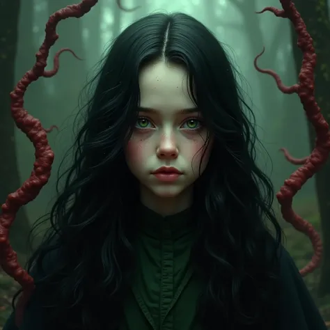 (severus snapes daughter:((12years old)))1girl, cosmotheseedrian,  green eyes, long hair, black hair,red lovecraft squid