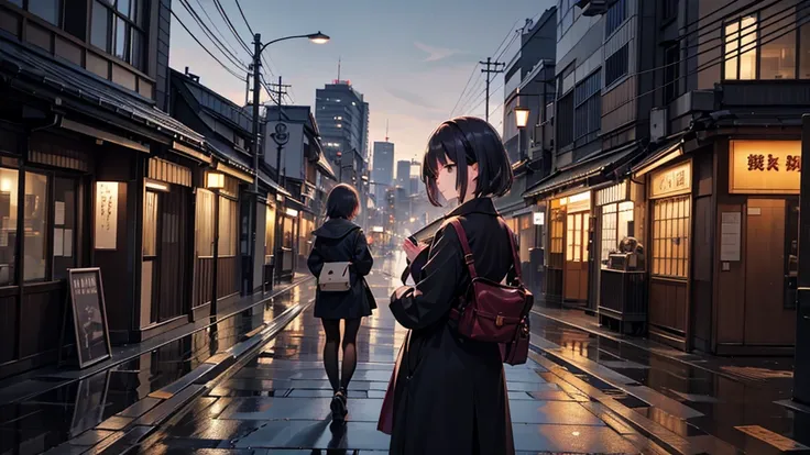 a young woman walking away with her back turned, holding a letter in her hand, busy Tokyo street, detailed cityscape, realistic lighting, beautiful autumn colors, cinematic mood, dramatic camera angle, masterpiece