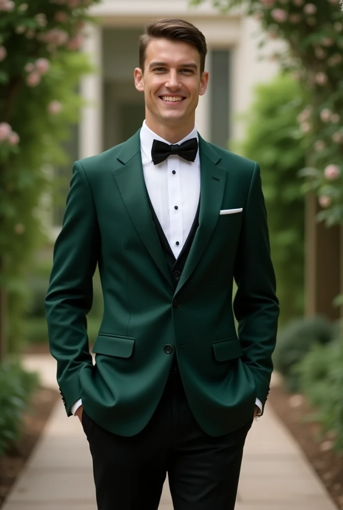 Man in 20s wearing Bottle Green suit coat and Black pants for wedding wide realistic
